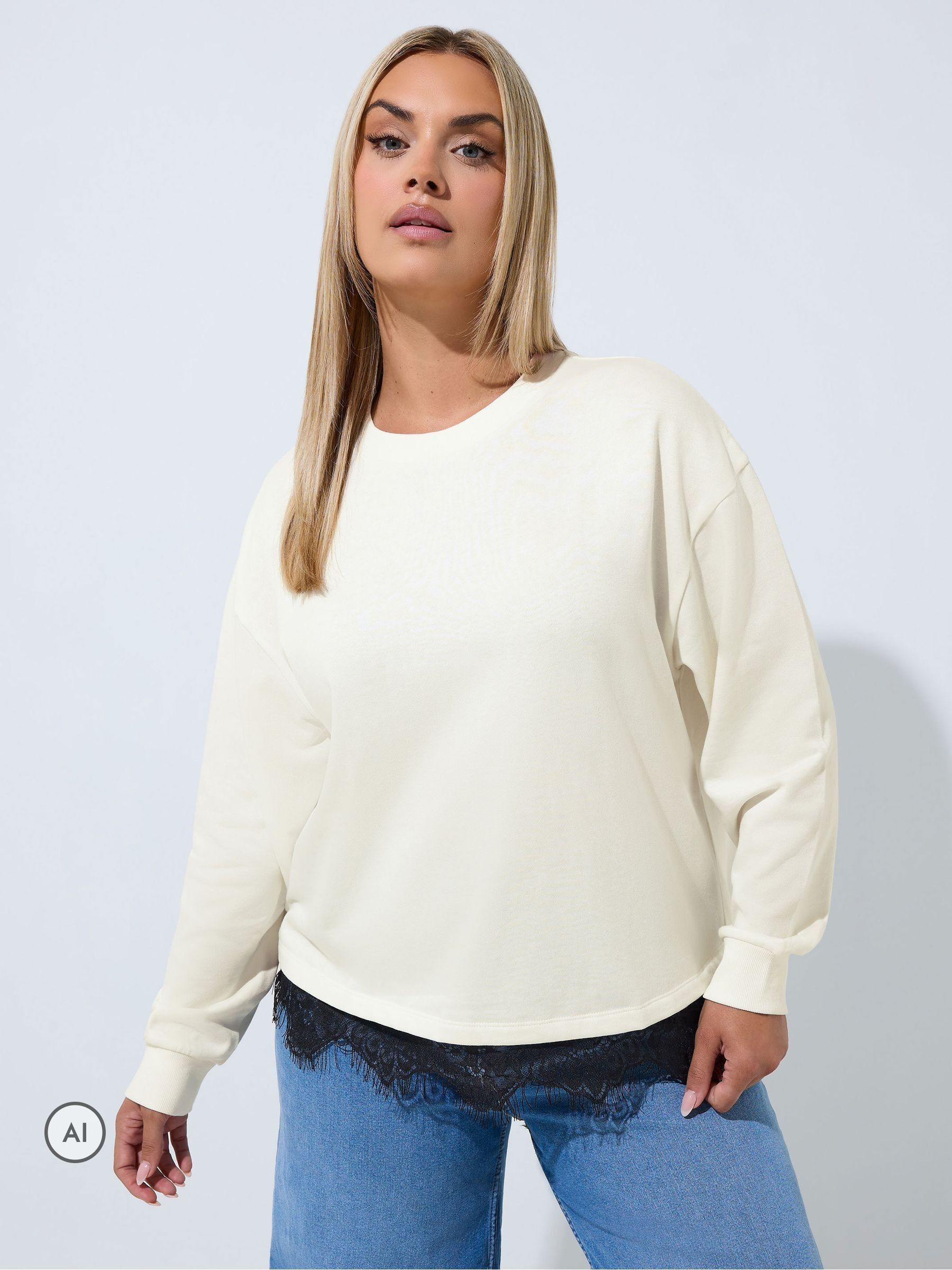 Yours Women's Cream Lace Hem Sweatshirt In | Size: 26-28 - Image 2