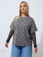 Yours Curve Grey Limited Polka Dot Lace Sleeve T-Shirt - Image 1 of 6