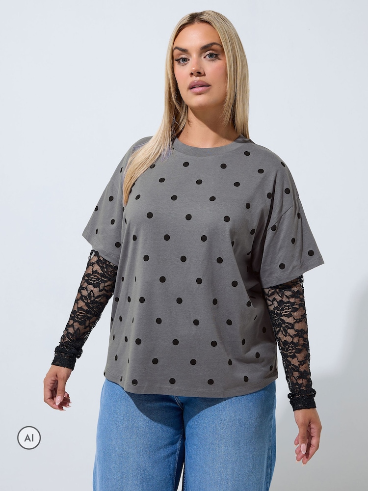 Yours Curve Grey Limited Polka Dot Lace Sleeve T-Shirt - Image 1 of 6 Yours Curve Grey Limited Polka Dot Lace Sleeve T-Shirt - Image 1 of 6