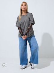 Yours Curve Grey Limited Polka Dot Lace Sleeve T-Shirt - Image 2 of 6