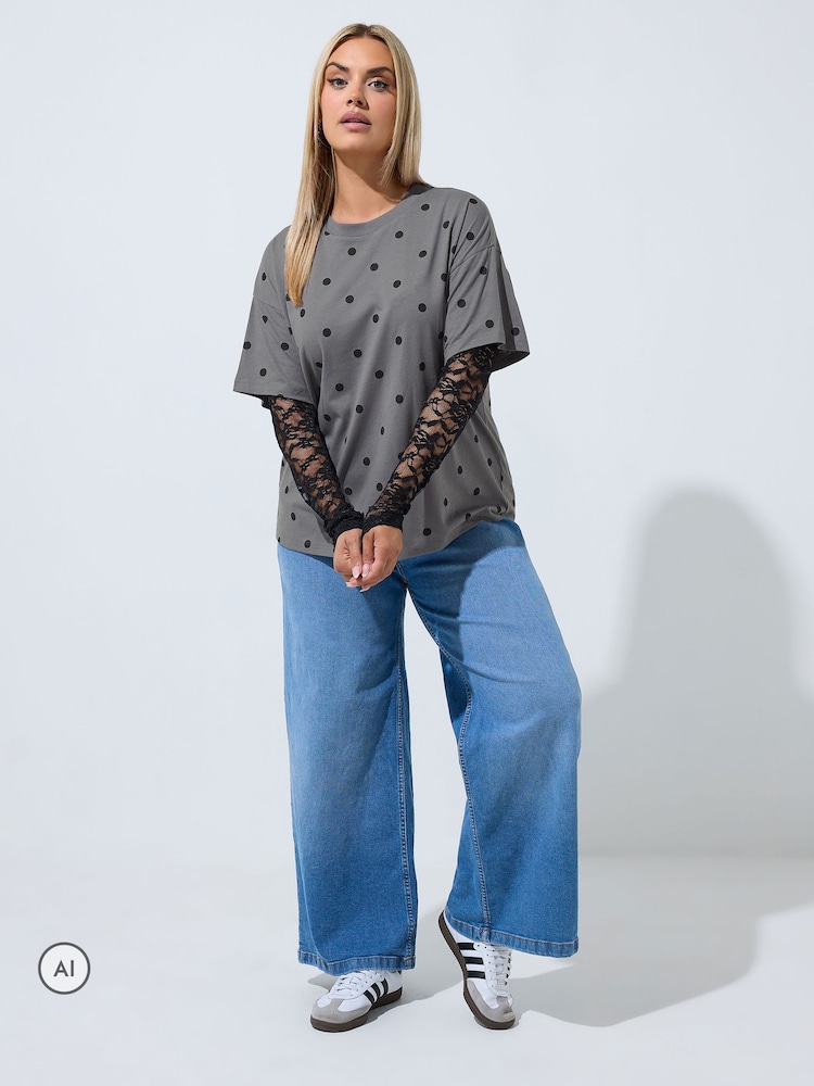 Yours Curve Grey Limited Polka Dot Lace Sleeve T-Shirt - Image 2 of 6 Yours Curve Grey Limited Polka Dot Lace Sleeve T-Shirt - Image 2 of 6