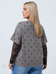 Yours Curve Grey Limited Polka Dot Lace Sleeve T-Shirt - Image 3 of 6