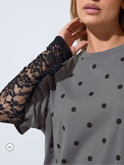 Yours Curve Grey Limited Polka Dot Lace Sleeve T-Shirt - Image 4 of 6