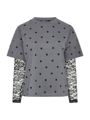 Yours Curve Grey Limited Polka Dot Lace Sleeve T-Shirt - Image 5 of 6
