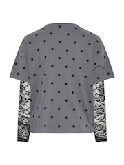 Yours Curve Grey Limited Polka Dot Lace Sleeve T-Shirt - Image 6 of 6