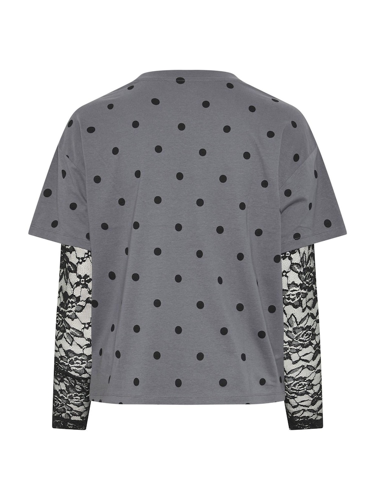 Yours Curve Grey Limited Polka Dot Lace Sleeve T-Shirt - Image 6 of 6 Yours Curve Grey Limited Polka Dot Lace Sleeve T-Shirt - Image 6 of 6