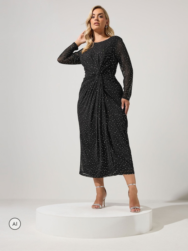 Yours Curve Black Metallic Mesh Knot Dress - Image 1 of 6 Yours Curve Black Metallic Mesh Knot Dress - Image 1 of 6