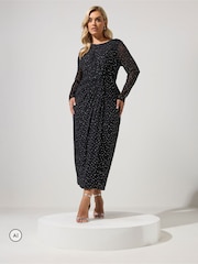 Yours Curve Black Metallic Mesh Knot Dress - Image 2 of 6