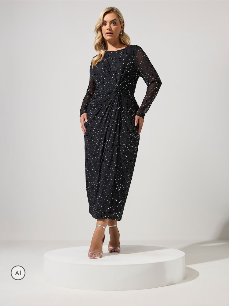 Yours Curve Black Metallic Mesh Knot Dress - Image 2 of 6 Yours Curve Black Metallic Mesh Knot Dress - Image 2 of 6