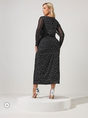 Yours Curve Black Metallic Mesh Knot Dress - Image 3 of 6