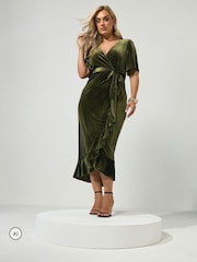 Yours Curve Moss Green London Velvet Ruffle Wrap Dress - Image 1 of 6