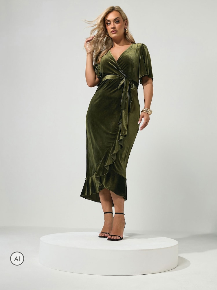 Yours Curve Moss Green London Velvet Ruffle Wrap Dress - Image 1 of 6 Yours Curve Moss Green London Velvet Ruffle Wrap Dress - Image 1 of 6