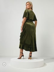 Yours Curve Moss Green London Velvet Ruffle Wrap Dress - Image 2 of 6