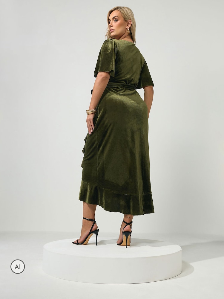 Yours Curve Moss Green London Velvet Ruffle Wrap Dress - Image 2 of 6 Yours Curve Moss Green London Velvet Ruffle Wrap Dress - Image 2 of 6