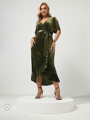 Yours Curve Moss Green London Velvet Ruffle Wrap Dress - Image 3 of 6