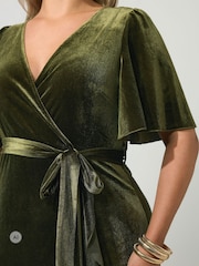 Yours Curve Moss Green London Velvet Ruffle Wrap Dress - Image 4 of 6