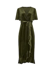 Yours Curve Moss Green London Velvet Ruffle Wrap Dress - Image 5 of 6