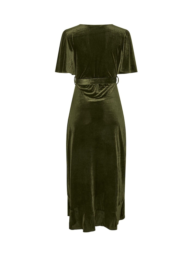Yours Curve Moss Green London Velvet Ruffle Wrap Dress - Image 6 of 6 Yours Curve Moss Green London Velvet Ruffle Wrap Dress - Image 6 of 6