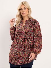 Yours Curve Orange Frill Neck Floral Print Blouse - Image 1 of 6