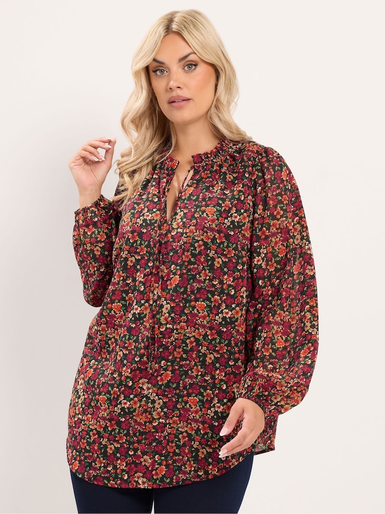 Yours Curve Orange Frill Neck Floral Print Blouse - Image 1 of 6 Yours Curve Orange Frill Neck Floral Print Blouse - Image 1 of 6