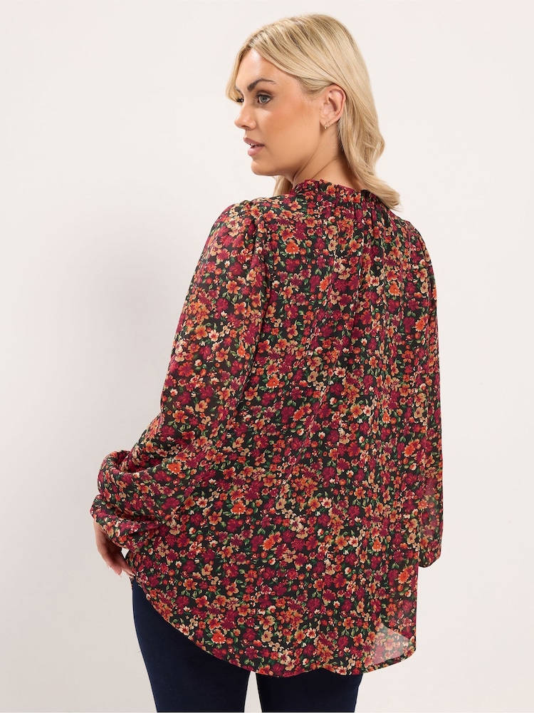 Yours Curve Orange Frill Neck Floral Print Blouse - Image 2 of 6 Yours Curve Orange Frill Neck Floral Print Blouse - Image 2 of 6