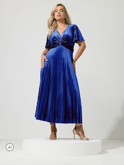 Yours Curve Blue London Velvet Pleated Knot Front Dress - Image 1 of 6