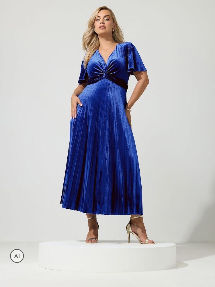 Yours Curve Blue London Velvet Pleated Knot Front Dress - Image 1 of 6 Yours Curve Blue London Velvet Pleated Knot Front Dress - Image 1 of 6