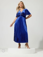 Yours Curve Blue London Velvet Pleated Knot Front Dress - Image 2 of 6