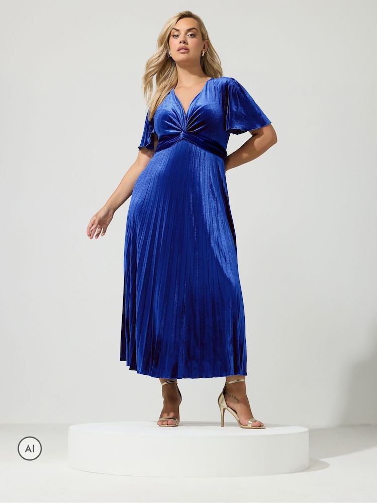 Yours Curve Blue London Velvet Pleated Knot Front Dress - Image 2 of 6 Yours Curve Blue London Velvet Pleated Knot Front Dress - Image 2 of 6