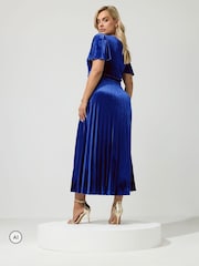 Yours Curve Blue London Velvet Pleated Knot Front Dress - Image 3 of 6