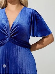 Yours Curve Blue London Velvet Pleated Knot Front Dress - Image 4 of 6