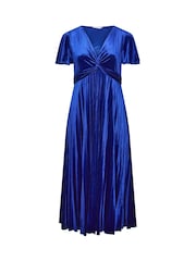 Yours Curve Blue London Velvet Pleated Knot Front Dress - Image 5 of 6