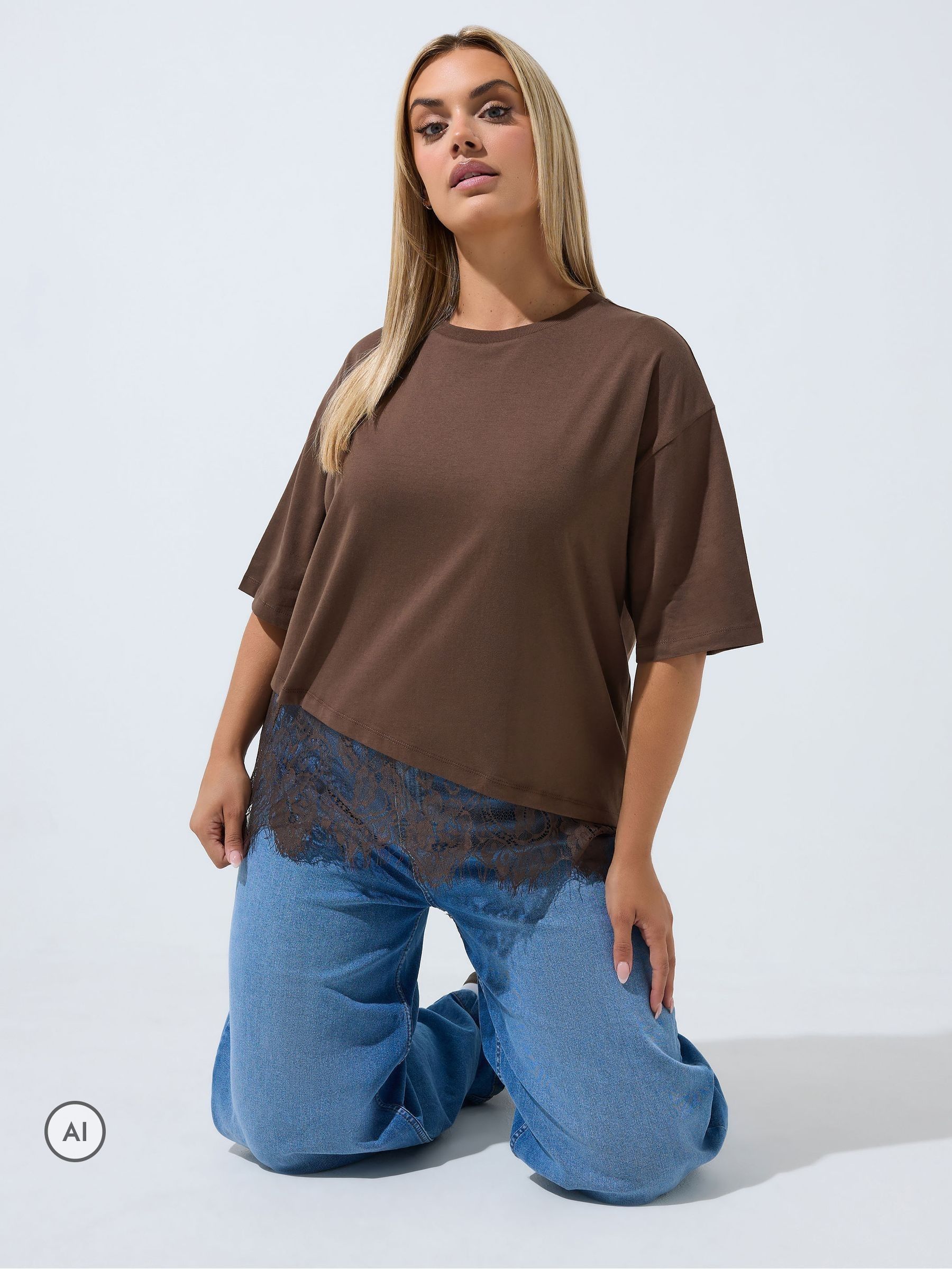 Yours Women's Brown Lace Hem Asymmetric Top In | Size: 26/28 - Image 2