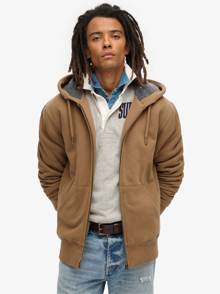 Superdry Caramel Brown Borg Lined Zip Hoodie - Image 1 of 5