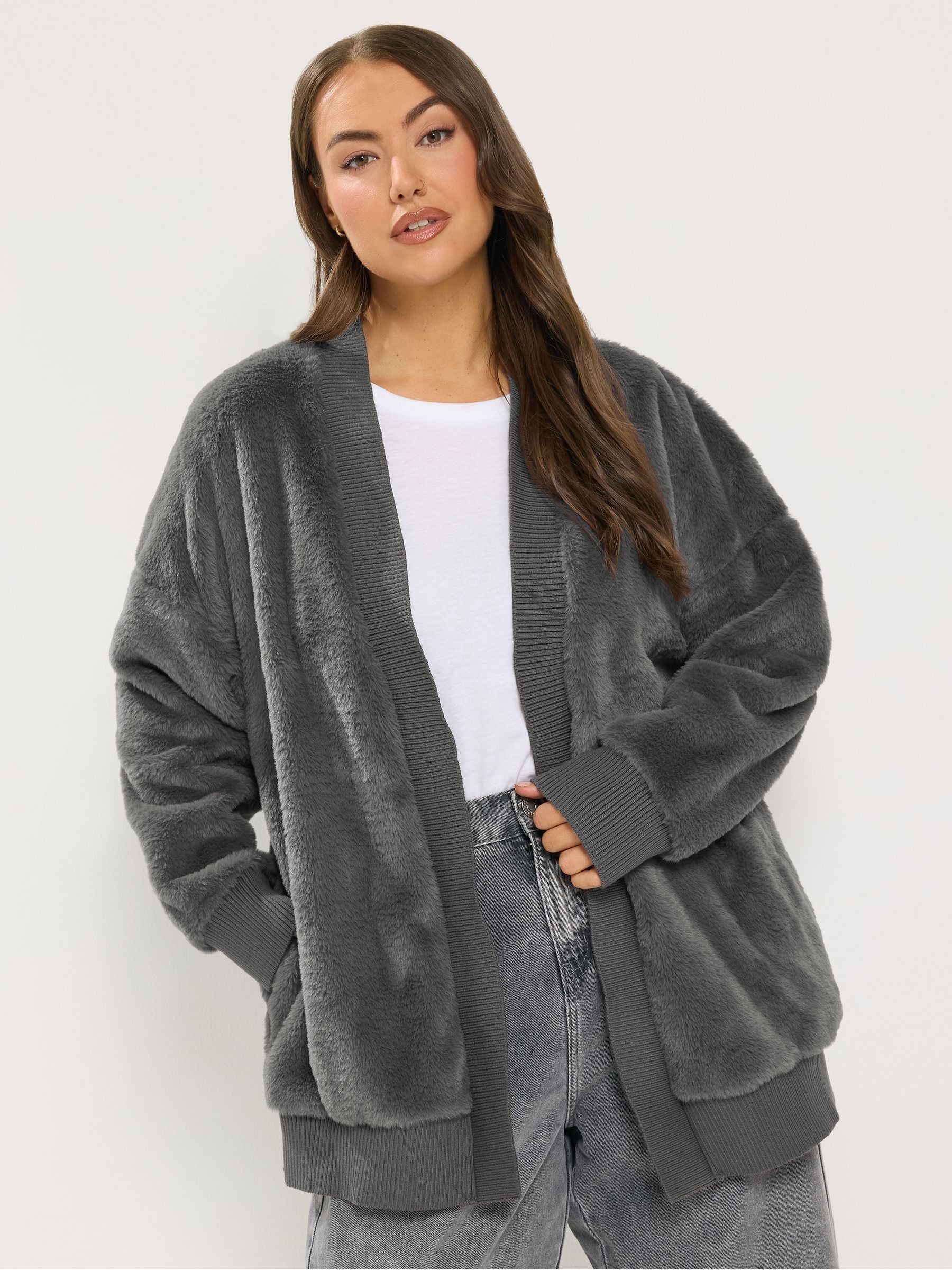 Yours Women's Faux Fur Cardigan Sweater in Grey | Size: 30-32 - Image 2