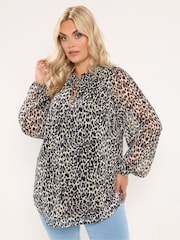 Yours Curve Black Frill Neck Leopard Print Blouse - Image 1 of 7