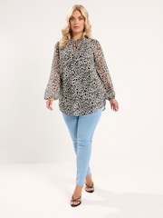 Yours Curve Black Frill Neck Leopard Print Blouse - Image 2 of 7