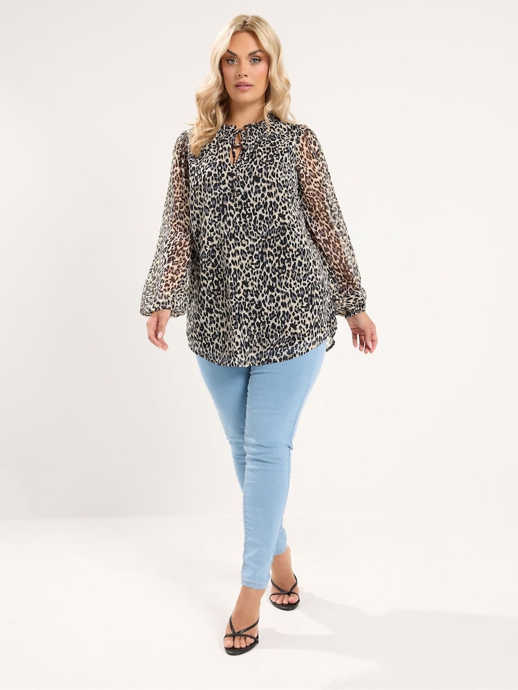 Yours Curve Black Frill Neck Leopard Print Blouse - Image 2 of 7