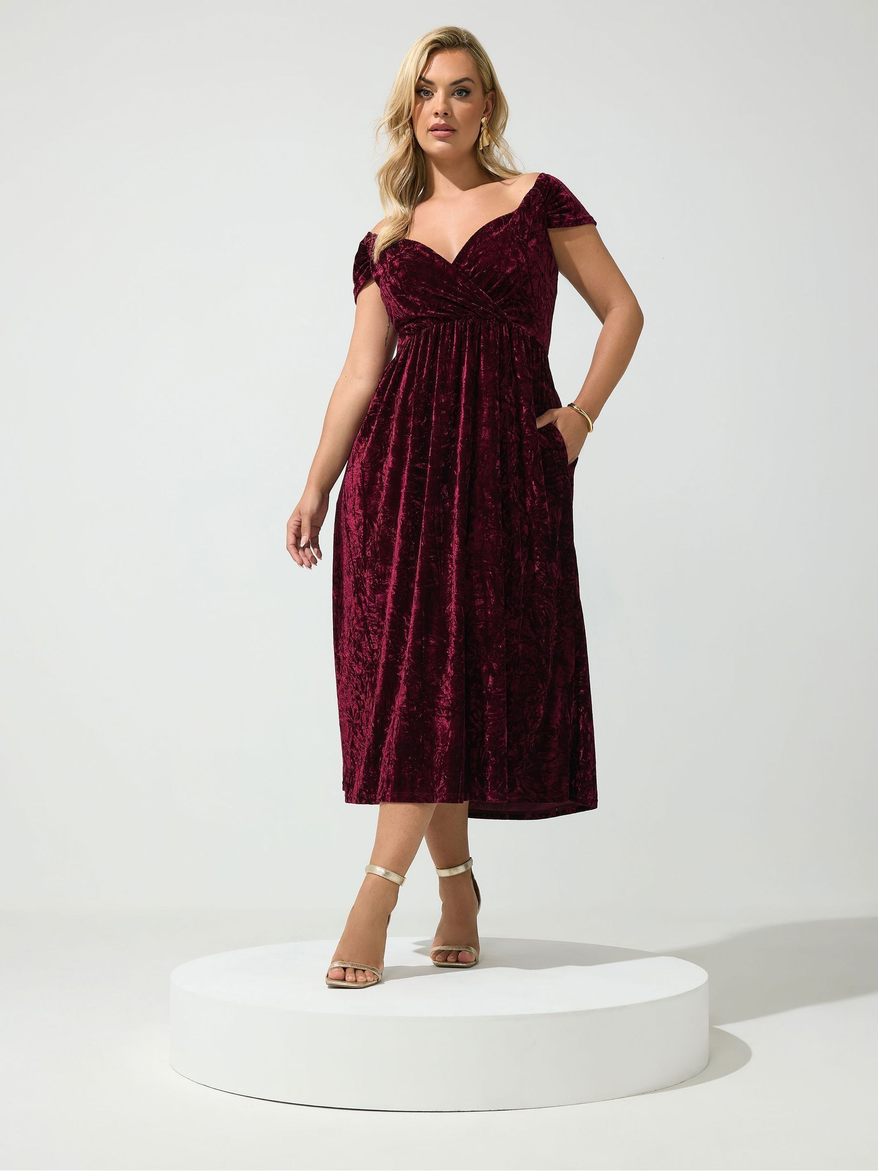 Yours Curve Women's Red Crush Velvet Wrap Bardot Dress