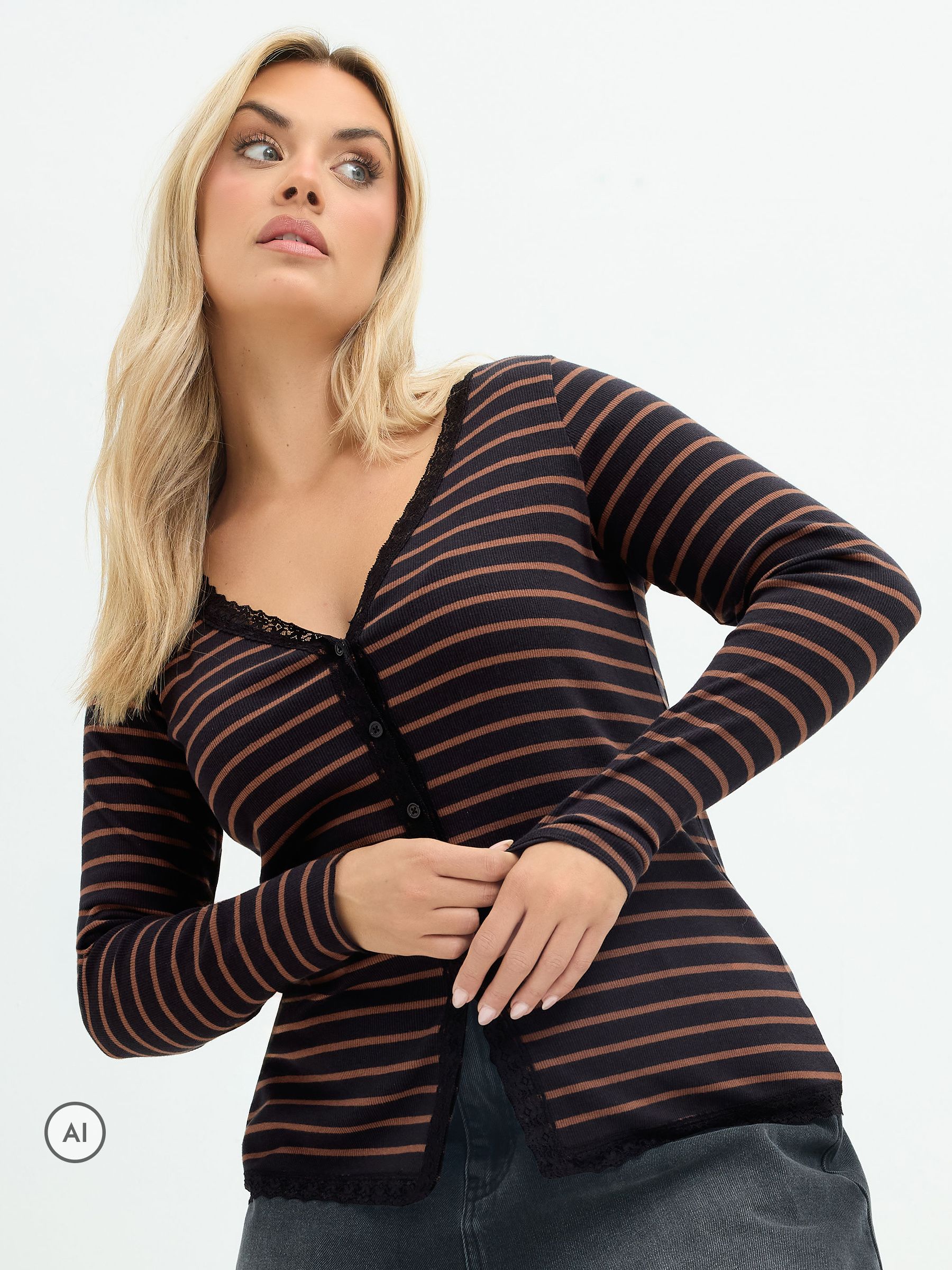 Yours Women's Black Stripe Lace Trim Top In | Size: 26-28 - Image 6