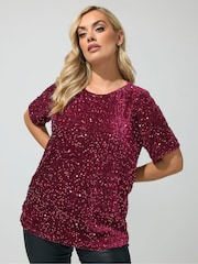 Yours Curve Red Sequin Velvet T-Shirt - Image 1 of 6