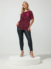 Yours Curve Red Sequin Velvet T-Shirt - Image 2 of 6