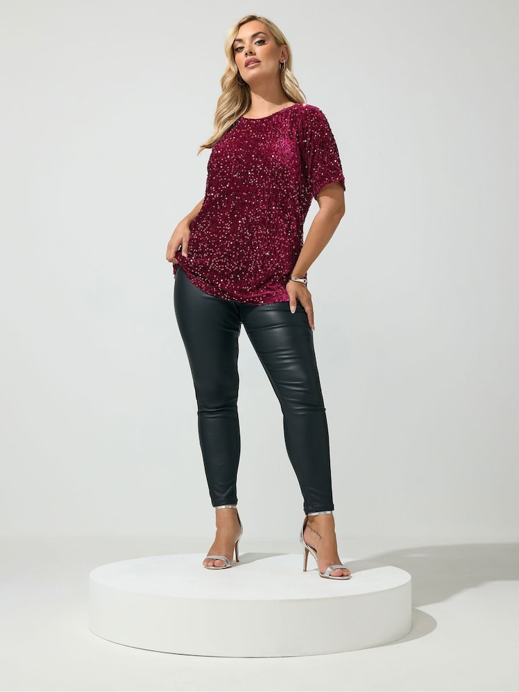 Yours Curve Red Sequin Velvet T-Shirt - Image 2 of 6
