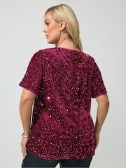 Yours Curve Red Sequin Velvet T-Shirt - Image 3 of 6