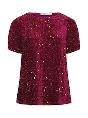 Yours Curve Red Sequin Velvet T-Shirt - Image 5 of 6