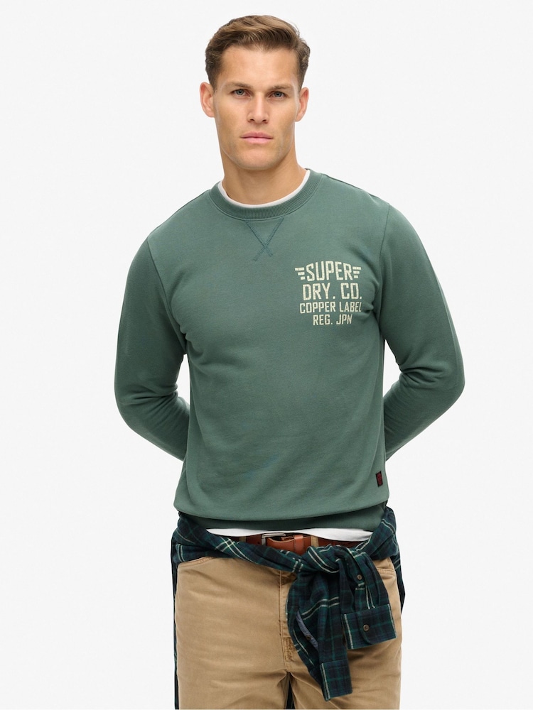 Superdry Drius Green 100% Cotton Copper Label Graphic Crew Sweat Top - Image 1 of 5
