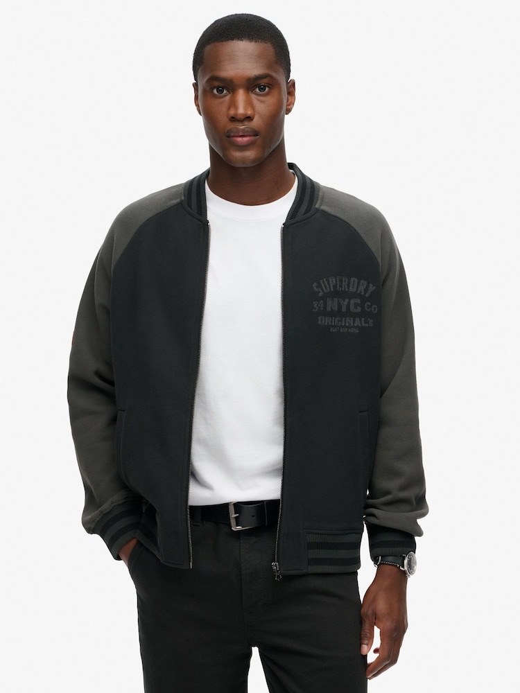 Superdry Black College Graphic Jersey Bomber Jacket - Image 1 of 5
