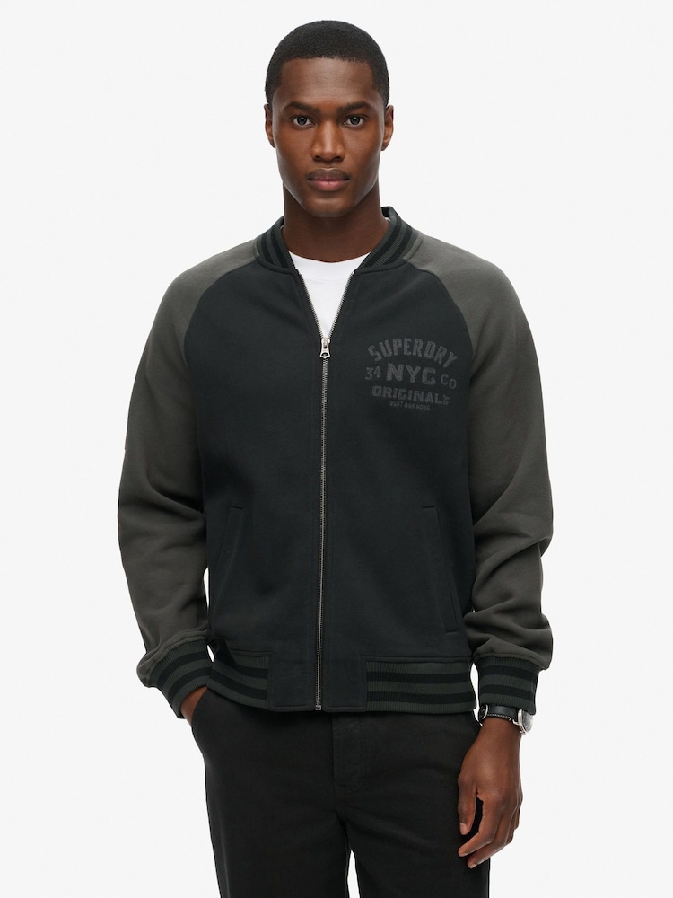 Superdry Black College Graphic Jersey Bomber Jacket - Image 3 of 5