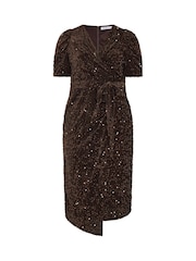 Yours Curve Brown London Sequin Velvet Wrap Maxi Dress - Image 5 of 6