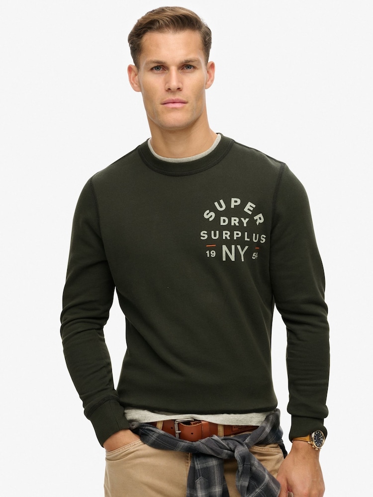 Superdry Washed Black Washed Black 100% Cotton Surplus Graphic Crew Neck Sweatshirt - Image 1 of 6